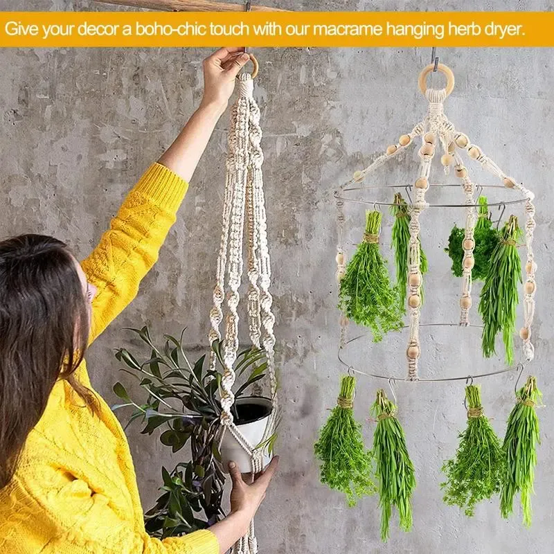 Macrame Herb Drying Rack With 15 Hooks Stylish Kitchen Decor For